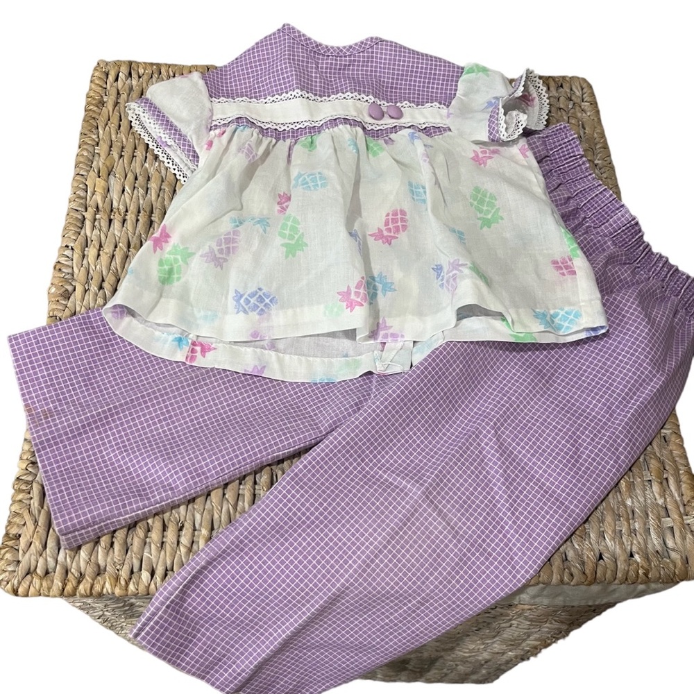 Vintage Toddle Time 2 piece size 2 Short Sleeve Pants Purple Gingham‎ pineapple